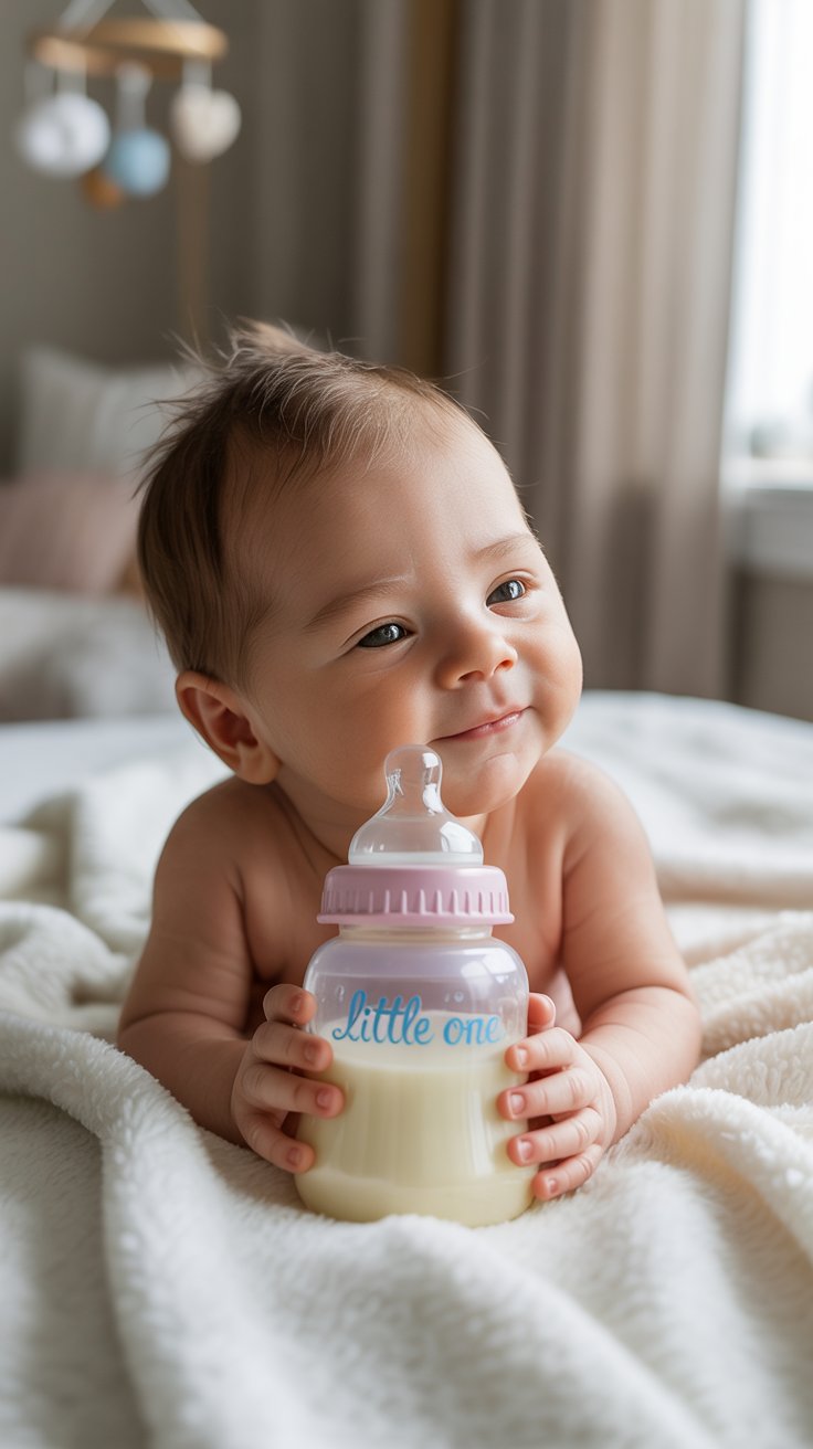 Happy baby surrounded by name tags